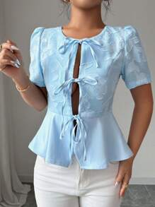 Elenzga Damen Sommer Blumen Jacquard Vorderteil mit Schleife, Bubikragen Kurzarm Bluse - Blau - Übersicht 5