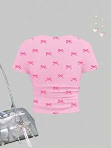 Tween Girls' Slim Fit Casual Solid Color Round Neck Ruched Short Sleeve T-Shirt, Suitable For Summer