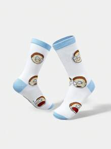 Rick and Morty X SHEIN 1 Par de Meias Tripulação Estilo Cartoon Colorblocked para Mulheres, Moda - Azul e Branco - Visão 4