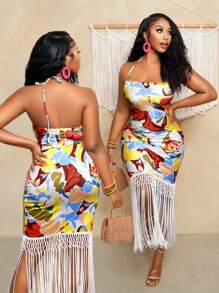 BamGleam Women's Colorful Printed Tassel Decor Dress