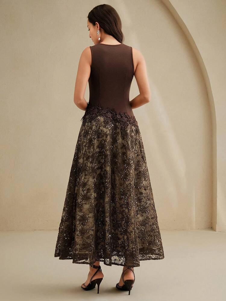 Knitted Contrast Lace Women's Mid-Length Dress