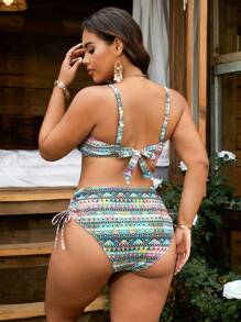 Swim Vcay Set bikini cu bretele tip spaghetti și imprimeu retro pentru vară, mărime plus, pentru plajă și vacanță - Multicolor - Vizualizare 2