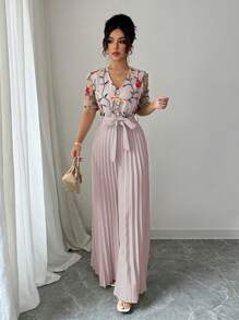 Elenzga 女士优雅刺绣短袖腰褶连体裤