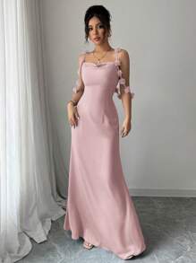 Elenzga Đầm satin trơn màu thanh lịch quyến rũ nhẹ nhàng lãng mạn không tay dây mảnh trang trí eo có hoa đeo vai - Bụi hồng - Xem 5