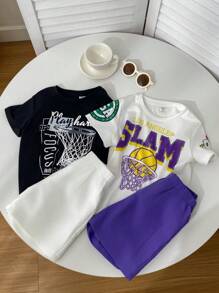 Set de 4 piese pentru băieți, casual, versatil, cu imprimeu de baschet, top cu mânecă scurtă și pantaloni scurți
