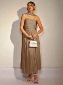 COSMINA Women's Solid Color Splicing Ruffle Trim Elegant Dress - Brown - View 5