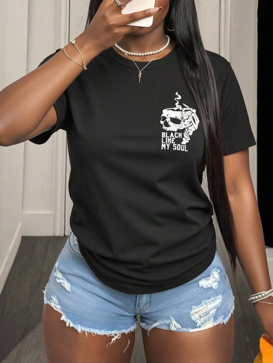 BamGleam 女式黑色圆领哥特式骷髅图案 T 恤，休闲时尚中性 T 恤图案 T 恤女式上衣 - 黑色 - 查看 1