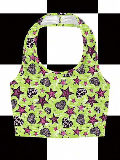 Annarte Green, Wavy, Heart, Star, Leopard Print, Y2K, Girly Casual Cropped Tank Top For Women, Suitable For Summer, EDC, Music Festival Club Going-Out Back To School 2000s Style