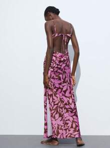 Maija 2025 秋季新款覆盆子粉色叶子轮廓印花侧抽绳系带开衩垂坠领口女式连衣裙，现代优雅都市浪漫精致 Y2K 乡村音乐节复古韩国机场旅行街头婚礼宾客生日万圣节商务休闲办公室约会派对郊游返校秋季服装 - 彩色 - 查看 3