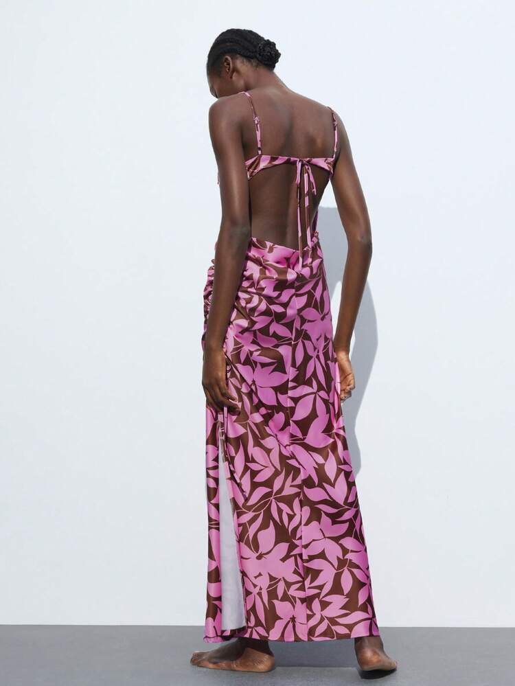 SHEIN Maija 2025 Autumn New Raspberry Pink Leaf Silhouette Print Side Drawstring Tie Slit Draped Neck Women's Dress, Modern Elegant Urban Romantic Refined Y2K Country Music Festival Vintage Korean Airport Travel Street Wedding Guest Birthday Halloween Business Casual Office Date Party Outing Back To School Fall Outfit