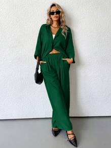 Aveloria Modichic 2 件套女士混纺侧开衩宽松衬衫和高腰阔腿裤优雅商务休闲女装 - 墨綠色 - 查看 6