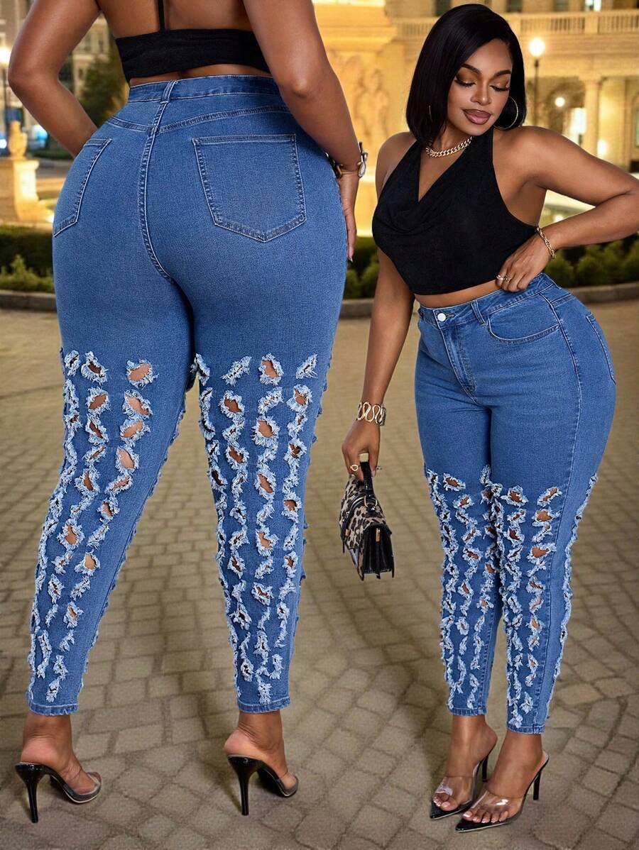 大码女式破洞紧身牛仔裤，时尚秋季秋季节日假期 - 中等水洗藍 - 查看 1