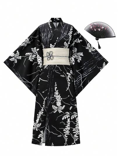 Irokai Japanese Style Women Printed Yukata Kimono For Summer Festival Japanese Women's Traditional Floral Print Black Yukata Bowknot Yukata (Modified Japan Style Kimono Robe), Easy Wearing