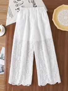 Tweens Mädchen weiße stickerei Hohlblume Wellen-Saum lässige Hose