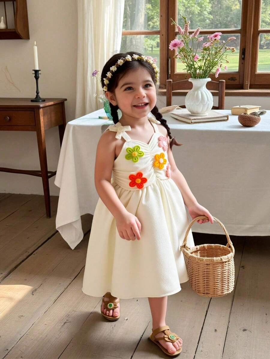 SHEIN Váy chắp vá nơ thắt lưng thêu hoa dễ thương cho bé gái, mùa hè - Nhiều màu - Xem 1