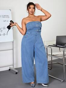 Jeanoix Plus Size Women's Patchwork Jumpsuit, Light Blue Non-Stretch Casual Denim Jumpsuit