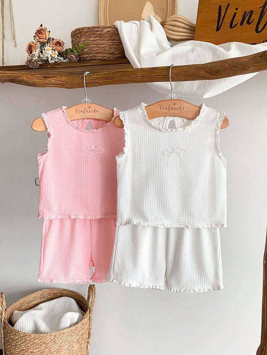 SHEIN 4pcs Baby Girls Pink Summer Cute Vacation Outfit Set,Butterfly Embroidered Crew Neck Sleeveless Knit Vest Top And Matching Shorts,Fresh Sweet Style - Multicolor - View 1
