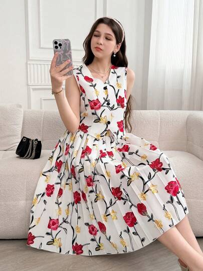 SHEIN 花卉印花无袖 V 领衬衫 + 百褶裙优雅两件套，适合年轻女性，夏季