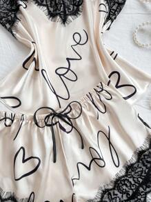 SHEIN 2pcs Set Women Heart Print V-Neck Camisole Top And Elegant Lace Trim Shorts Pajama Set, Suitable For Loungewear Or Outerwear, All Seasons - Apricot - View 6