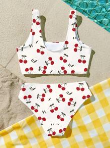 SHEIN Cherry Girl Cute Mini Cherry Print Tween Girls Casual Simple Camisole Top And Triangle Brief Swimwear Set, Suitable For Summer, Vacation Relax, Beach Weekend, Cute Summer Outfits For Summer Items, Butterfly, Korean Style, Beach Mode On, Summer Outing Items