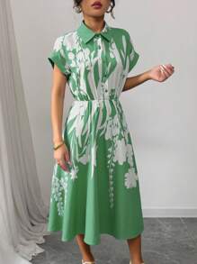 Rafferiza Women Bat Wing Sleeve Collared Belted Floral Print Dress - Green - View 7
