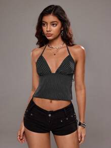 TRNVIE Vintage British Style Coffee Striped V-Neck Backless Tie Strap Tank Top For Women, Spring/Summer - Coffee Brown - View 3