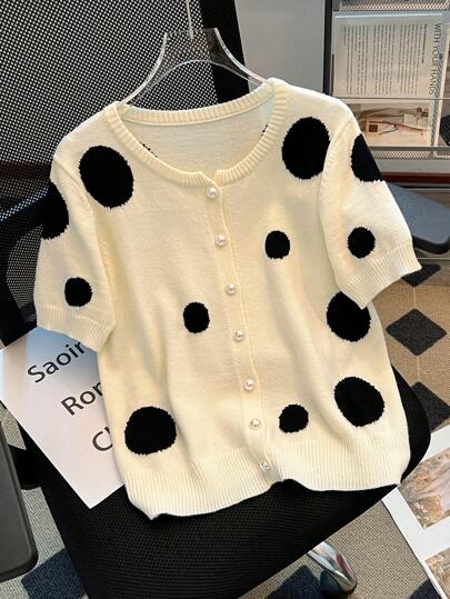 Franclia Ladies' Spring And Summer Sweaters Have Versatile Temperament, Casual Elegance, Exquisite And Unique Design Sense, High-End And Comfortable Round Neck Polka Dot Short Sleeved Pullover Sweater, Knitted Top