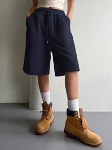DAZY Women's Solid Color Pocket Casual Loose Drawstring Shorts - Navy Blue - View 3