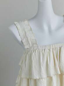 Elamini Top sin tirantes con textura de tela y detalles de volantes, estilo vacacional dulce, para primavera y verano - Beis - Ver 5