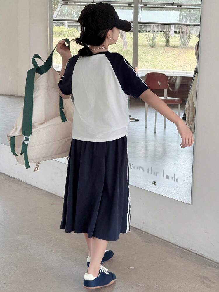 2pcs Tween Girl Girls Striped Crew Neck Short Sleeve Knitted Top & Shorts Set, Fall Back To School Clothes