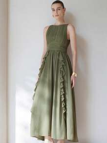 Aveloria Modichic Vestido maxi de gasa elegante y sencillo con cuello de un solo hombro, diseño de talle plisado y sin mangas. Vestido romántico de un solo color para vacaciones y citas - Verde militar - Ver 3