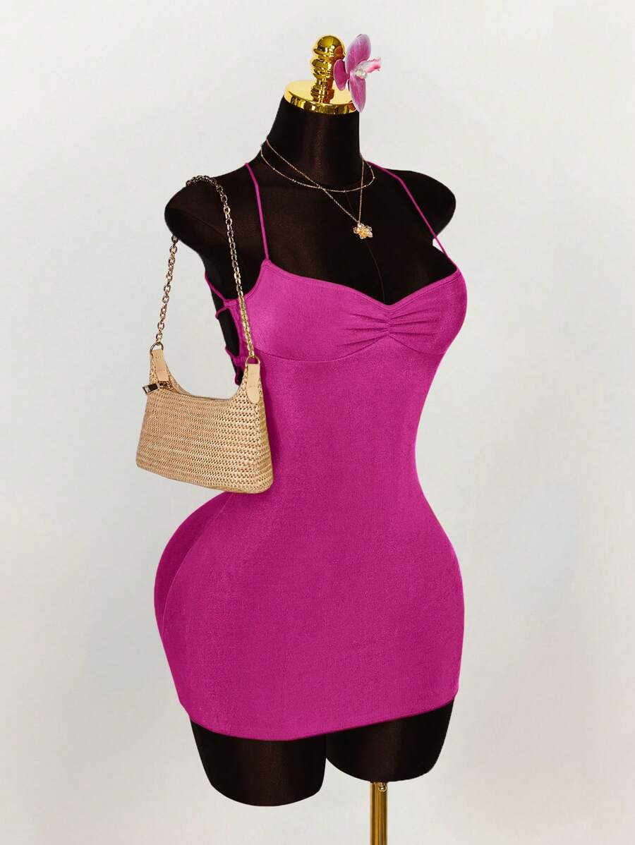 Amplova Ruched Cross Strap Backless Fitted Mini Dress With Adjustable Spaghetti Straps Bodycon Dress,Party Dress,Party Dresses For Women - Hot Pink - View 1