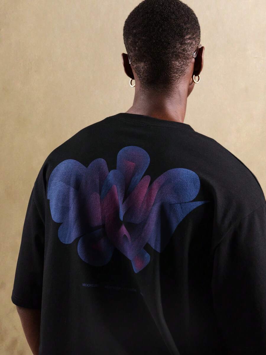 SUMWON 超大街头风 T 恤艺术涂鸦印花都市设计当代艺术风格秋季时尚休闲宽松上衣 - 黑色 - 查看 1