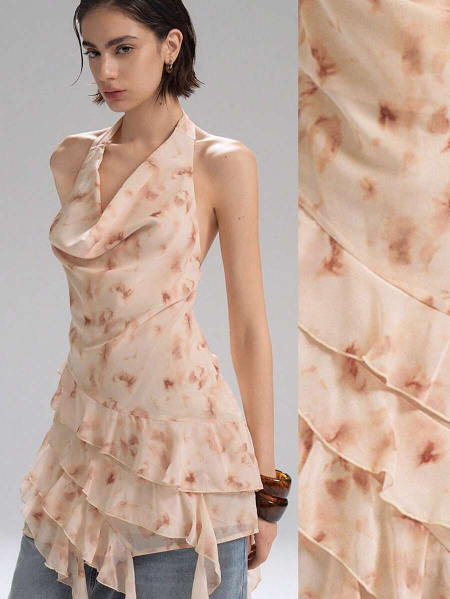 LYSMO Tie-Dye Print Backless Drapey Ruffle Chiffon Mini Dress For Vintage Boho Style 2025 New Arrival - Beige - View 1