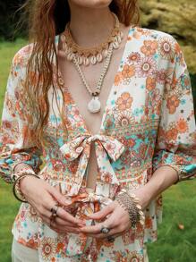 Florisole 女式复古波西米亚度假花卉印花V领系带七分袖衬衫