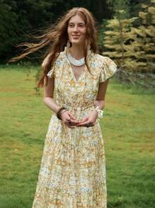 Florisole 女式夏季波西米亚纹理印花系带蝴蝶结V领荷叶边袖连衣裙 - 黃色 - 查看 3