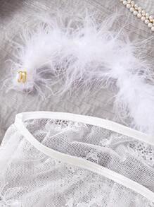 DelicateAllure 4 Pieces Set Lace & Faux Fur Trim Sexy Slip Dress, Elegant For Women, Valentine's Day Bridallingerie Summer Babydoll Dress  Cozy And Elegant Details - White - View 5