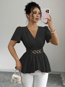 Elenzga Nueva blusa de mujer de tejido tejido con cuello en V, con manga con volantes, decoración de botón en la cintura, diseño de volantes en el bajo cruzado, blusa elegante y versátil de corte ajustado - Negro - Ver 4
