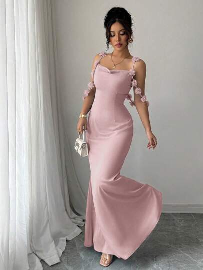 Elenzga 女士优雅时尚迷人淑女温柔浪漫度假无袖细肩带腰饰花卉肩带纯色缎面连衣裙