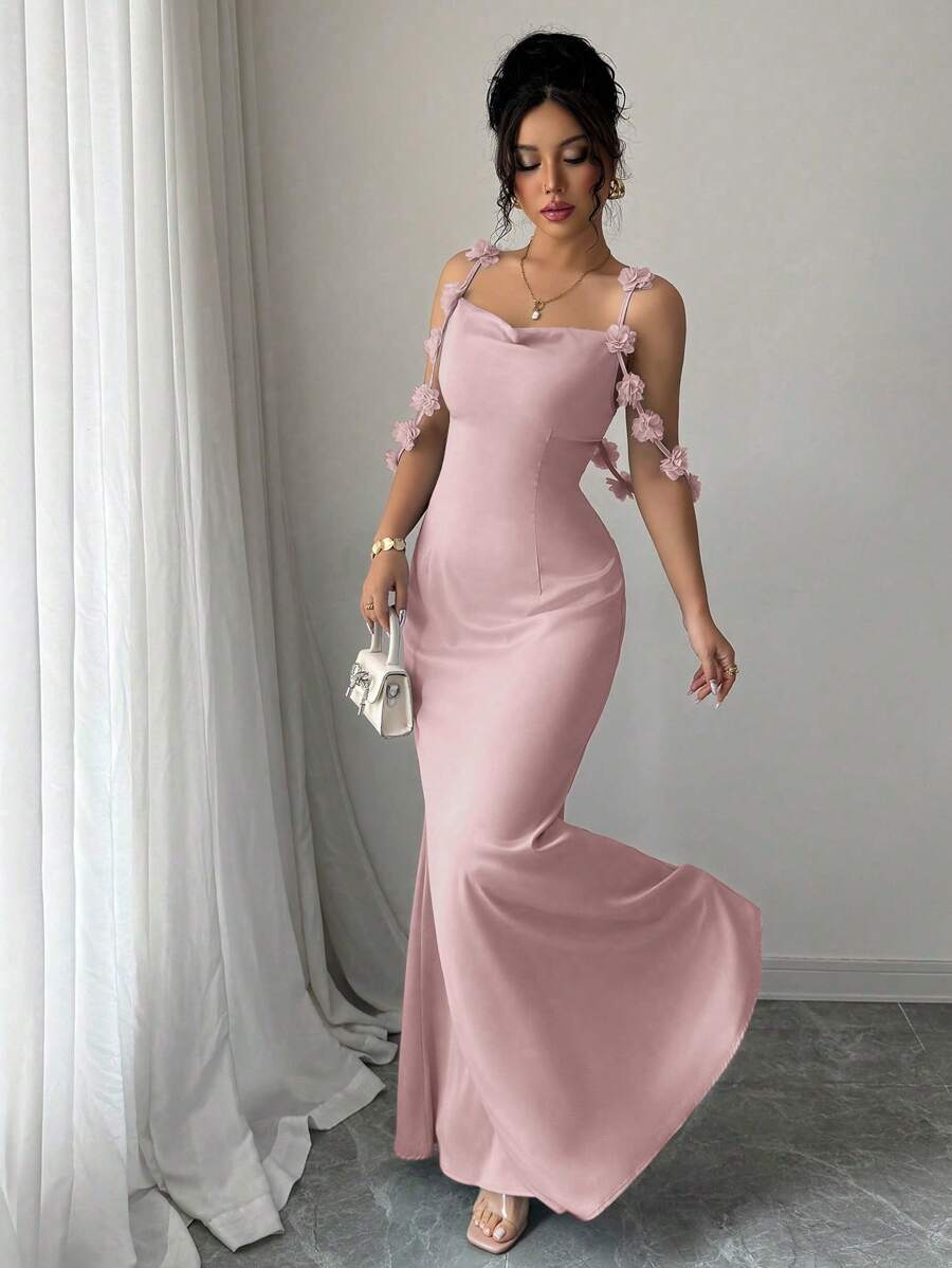 Elenzga Đầm satin trơn màu thanh lịch quyến rũ nhẹ nhàng lãng mạn không tay dây mảnh trang trí eo có hoa đeo vai - Bụi hồng - Xem 1