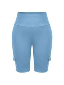 EMERY ROSE Plus Size High Waist Workout Shorts With Tummy Control And Butt Lift, Pocket Cargo Running Shorts - Blue - View 3