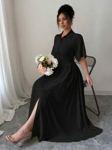 Elenzga 黄色单排扣蓬松连衣裙 - 黑色 - 查看 4