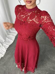 Modelyn Đầm Maxi Tay Dài Thêu Hoa Văn Chắp Vá Cho Nữ - Màu Đỏ Sâu - Xem 3