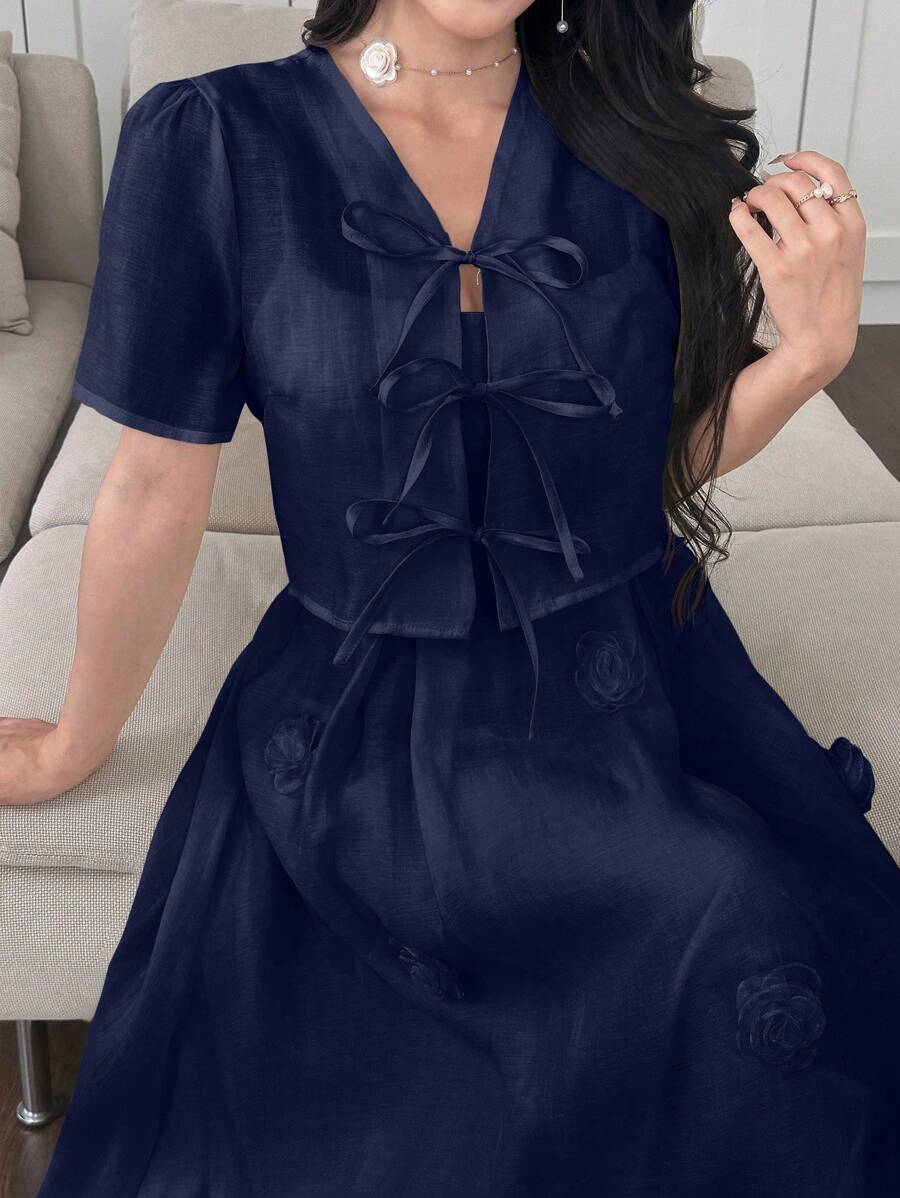 Modelyn 2 件套女士夏季优雅纯色 3D 花卉吊带连衣裙和前系带开衫 - 藍色 - 查看 1