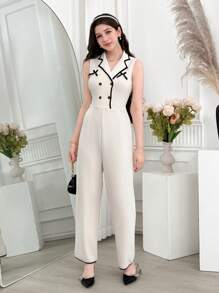 Mono elegante color caqui para mujer con cuello de solapa de blazer - Albaricoque - Ver 1