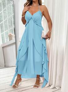SHEIN Clasi Plus Size Women Elegant French Style Ruffle Backless Spaghetti Strap Dress, Pink - Baby Blue - View 5