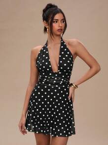 SHEIN BAE Women's Polka Dot Backless Halter Neck Mini Dress,Boho Clothes Women - Black - View 5
