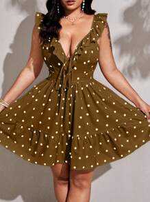 Viva Relle Plus Size Women's Woven Polka Dot Deep V Neck Ruffle Hem Sexy Elegant Romantic Bowknot Dress - Mocha Brown - View 2