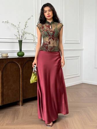 EastFlair Women's Summer Sexy Flocked Mesh Sheer Blouse Chinese Style Patterns Cheongsam Collar Qipao Dress Cheongsam Dress