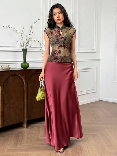 EastFlair Women's Summer Sexy Flocked Mesh Sheer Blouse Chinese Style Patterns Cheongsam Collar Qipao Dress Cheongsam Dress